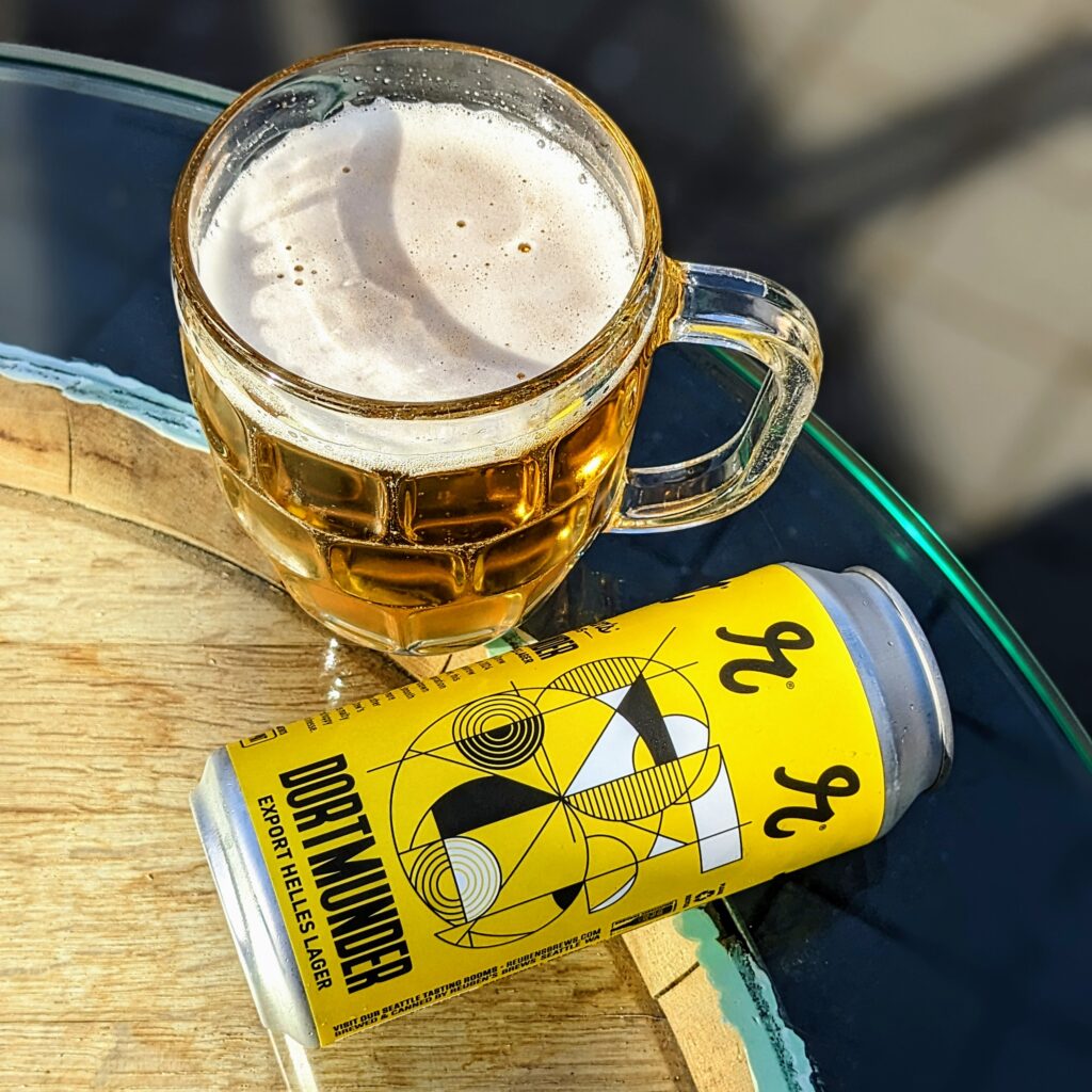 Beer mug and 16 ounce can of Dortmunder Export Helles Lager.